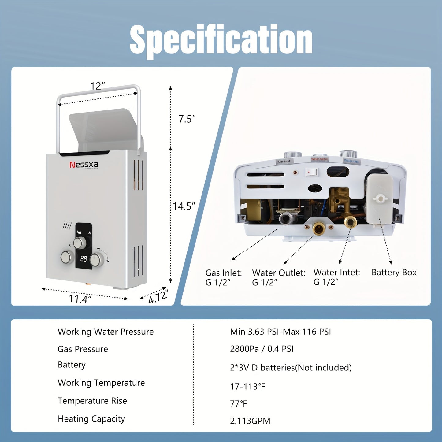 Tankless Water Heater Propane, 2.11 GPM RV Water Heater with Digital Display, 2.11gal Portable Instant Hot Gas Water Heater with Overheating Protection