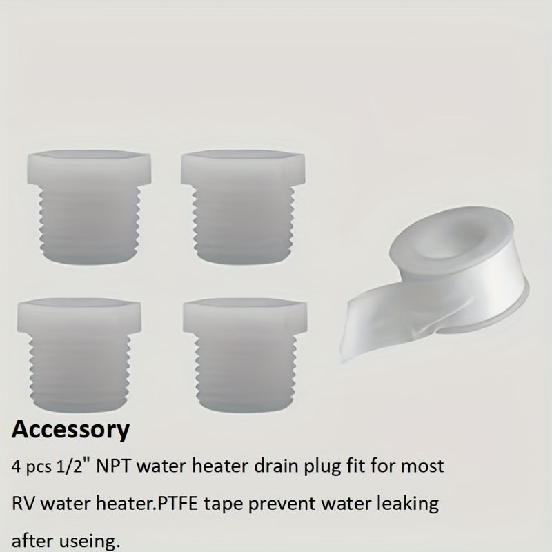 RV Water Heater Drain Plug Kit, Include Angled Wrench, 4 Pieces 1/2" NPT Replacement Plugs And 1 Roll PTFE Tape