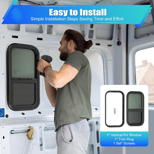 12"x22" Vertical RV Window, Push-Pull Tempered Glass with Screen - Watertight & Sun Protection, Easy Installation