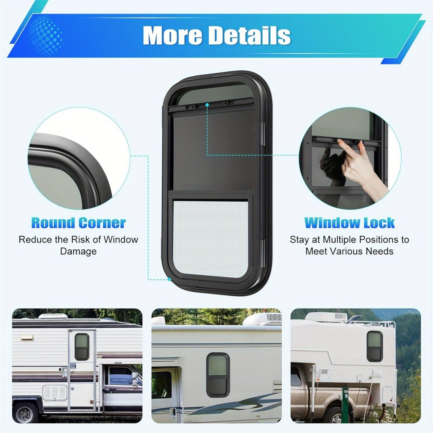 12"x22" Vertical RV Window, Push-Pull Tempered Glass with Screen - Watertight & Sun Protection, Easy Installation