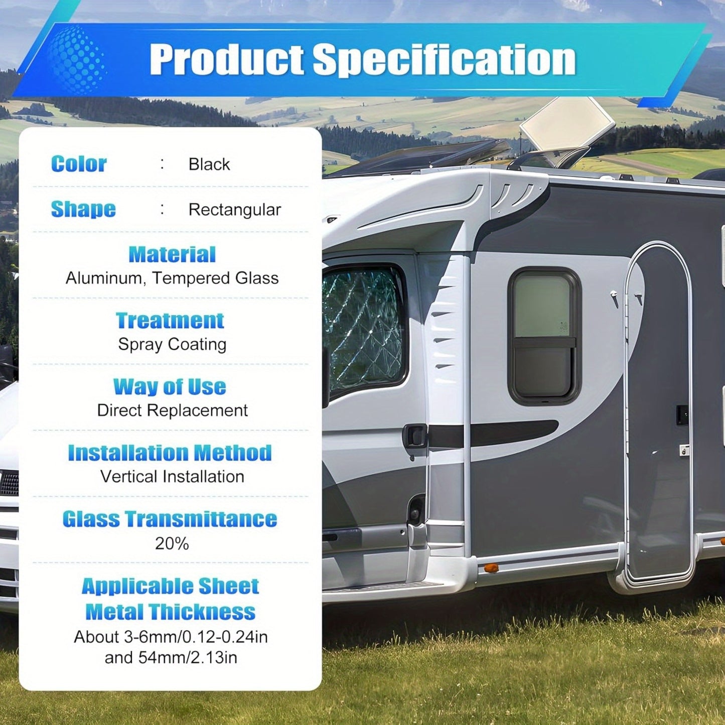 12"x22" Vertical RV Window, Push-Pull Tempered Glass with Screen - Watertight & Sun Protection, Easy Installation