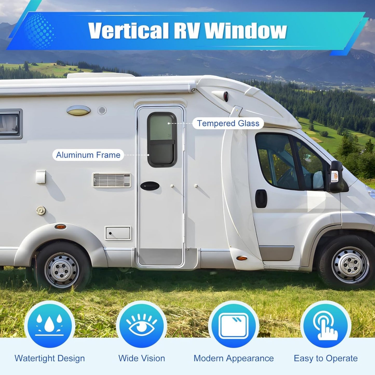 12"x22" Vertical RV Window, Push-Pull Tempered Glass with Screen - Watertight & Sun Protection, Easy Installation