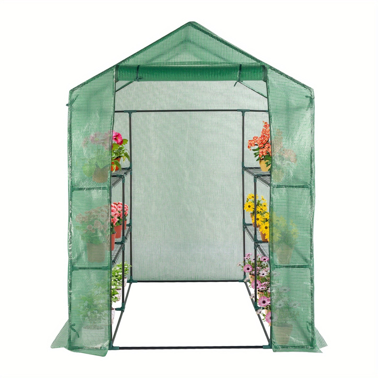 56.3x56.3x76.77inch Black Iron Pipe Steeple With 8 Pieces Grid Flower Stand With Zipper Rolling Door PE Cloth Greenhouse