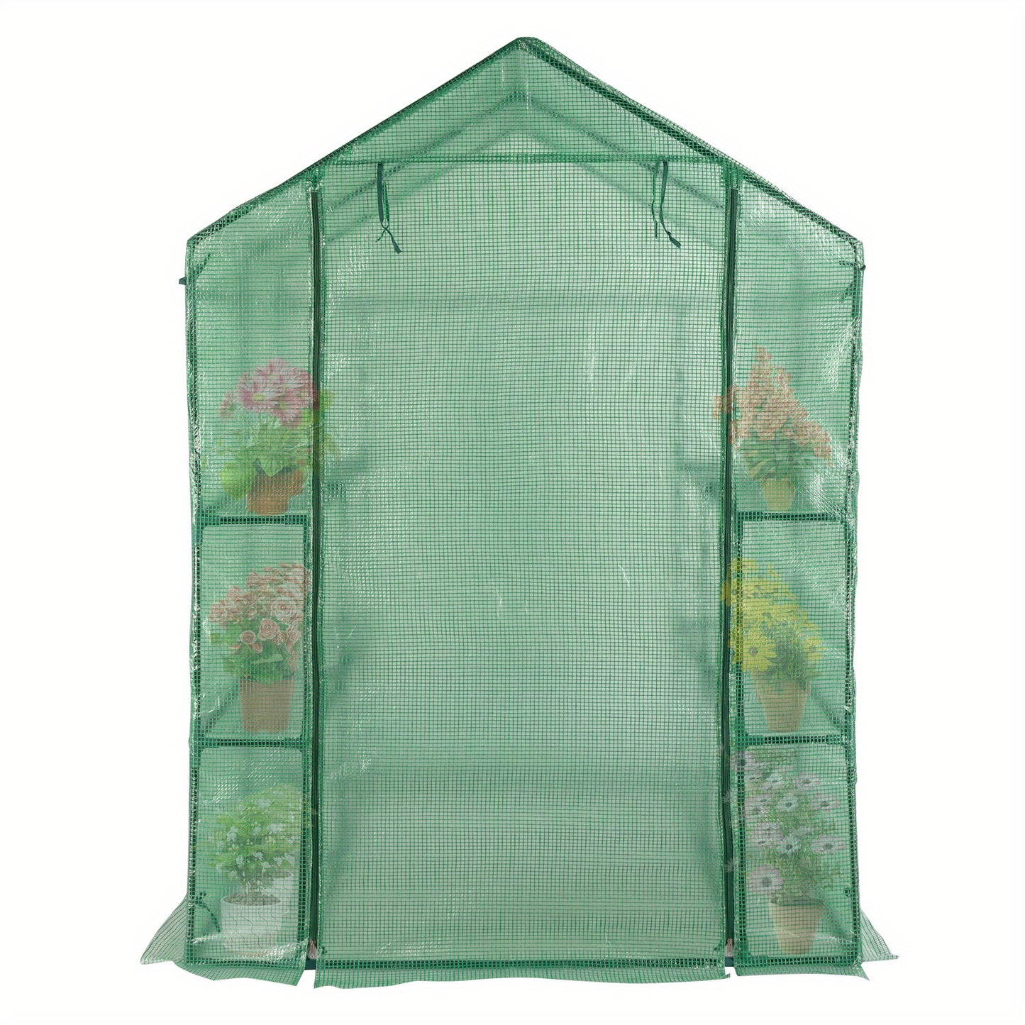 56.3x56.3x76.77inch Black Iron Pipe Steeple With 8 Pieces Grid Flower Stand With Zipper Rolling Door PE Cloth Greenhouse