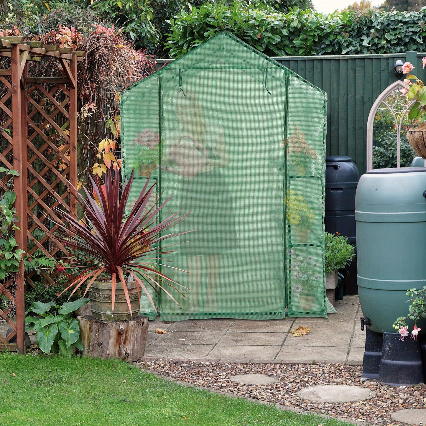 56.3x56.3x76.77inch Black Iron Pipe Steeple With 8 Pieces Grid Flower Stand With Zipper Rolling Door PE Cloth Greenhouse