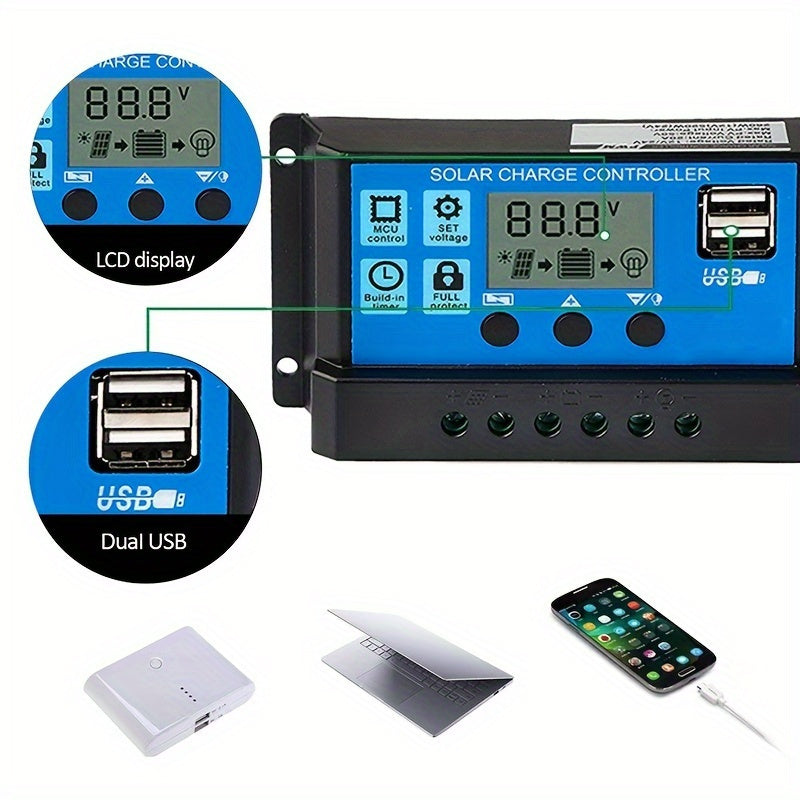 Solar Charger Controller with LCD Display - 12V/24V, Dual USB 5V Outputs