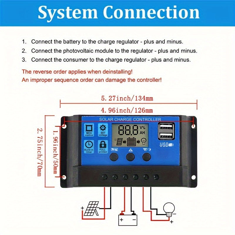Solar Charger Controller with LCD Display - 12V/24V, Dual USB 5V Outputs