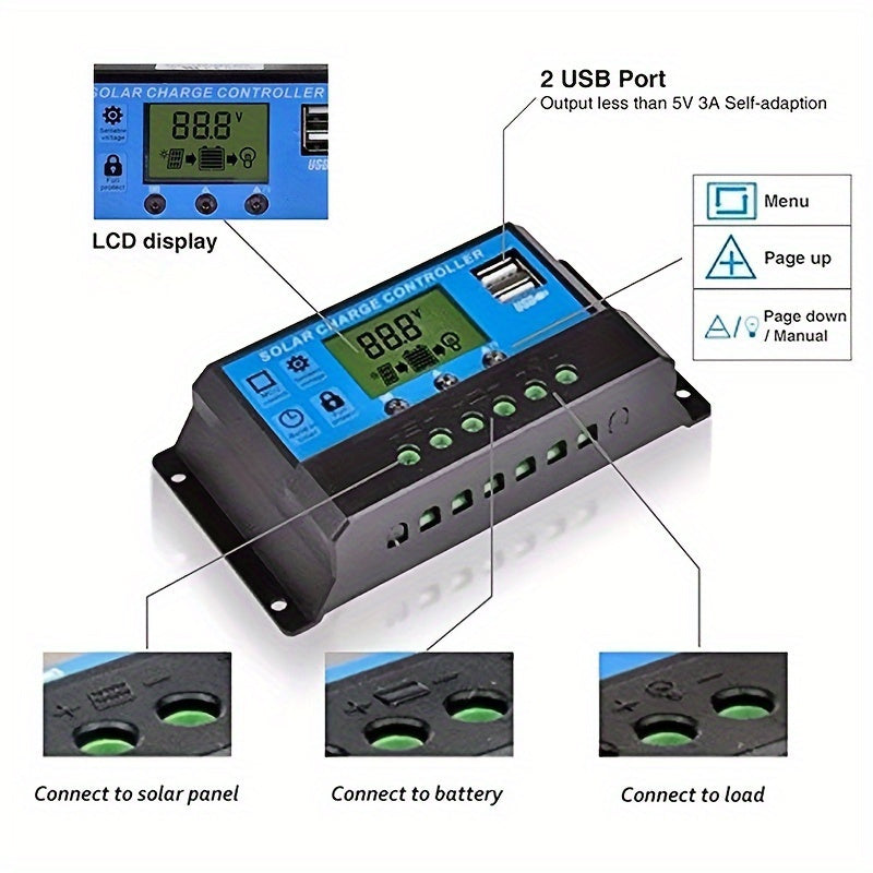 Solar Charger Controller with LCD Display - 12V/24V, Dual USB 5V Outputs
