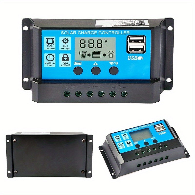 Solar Charger Controller with LCD Display - 12V/24V, Dual USB 5V Outputs