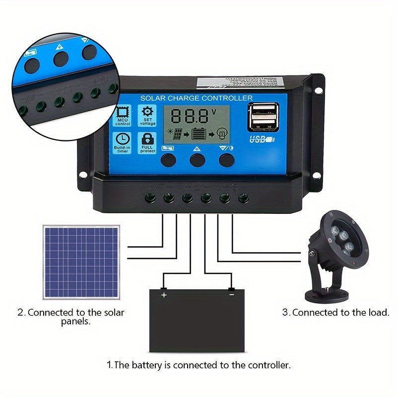 Solar Charger Controller with LCD Display - 12V/24V, Dual USB 5V Outputs