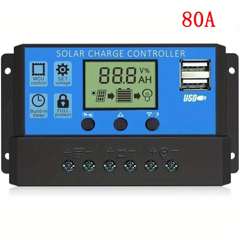 Solar Charger Controller with LCD Display - 12V/24V, Dual USB 5V Outputs