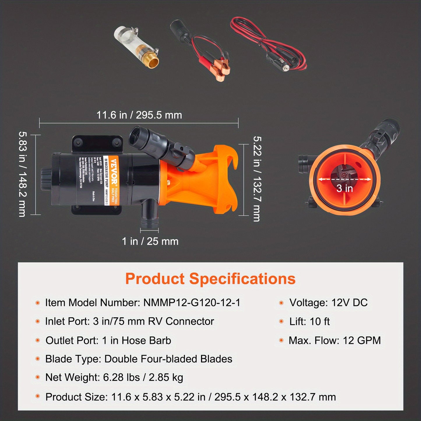 12V, 12GMP Quick Release RV Waste Pump, RV Sewer Pump with Detachable Quick Connection Valve Metal Hose Clamp Power Cord