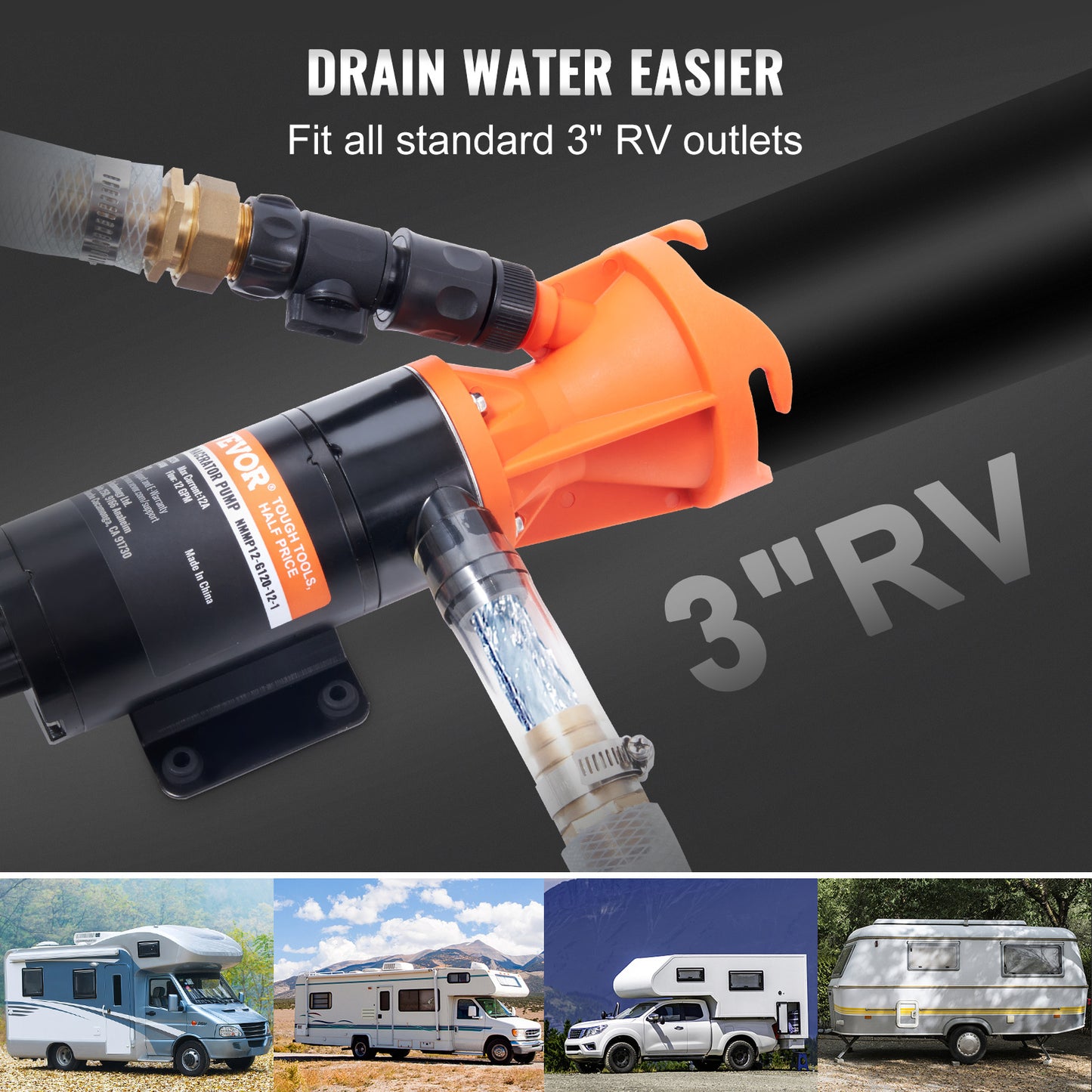 12V, 12GMP Quick Release RV Waste Pump, RV Sewer Pump with Detachable Quick Connection Valve Metal Hose Clamp Power Cord
