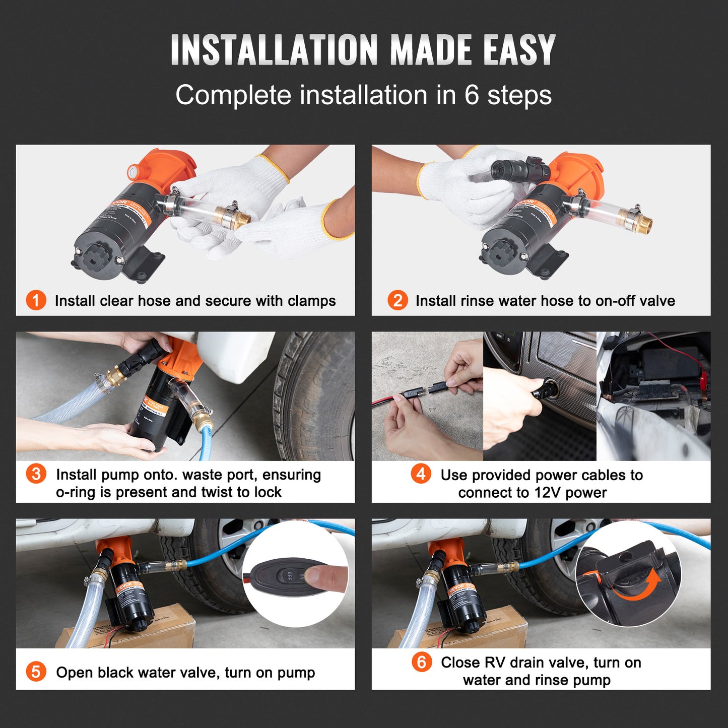 12V, 12GMP Quick Release RV Waste Pump, RV Sewer Pump with Detachable Quick Connection Valve Metal Hose Clamp Power Cord