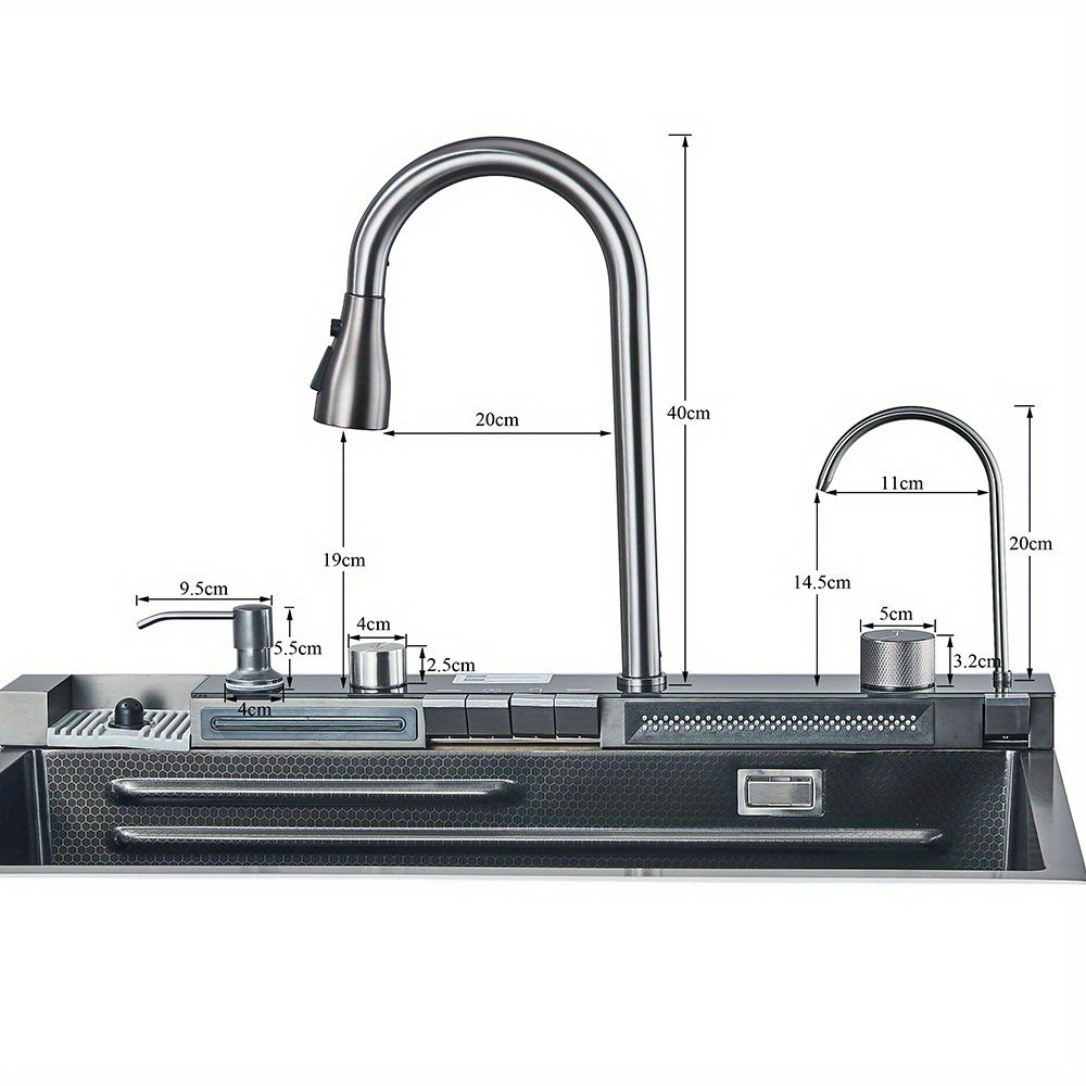 Stainless Steel Kitchen Waterfall Sink Digital Display Large Single Sink Dish Basin Sink With Multifunction Touch Waterfall