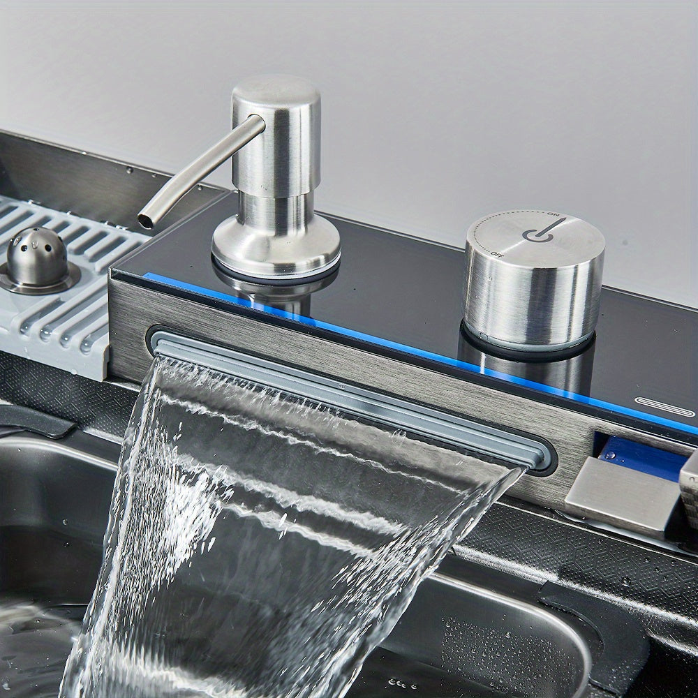 Stainless Steel Kitchen Waterfall Sink Digital Display Large Single Sink Dish Basin Sink With Multifunction Touch Waterfall