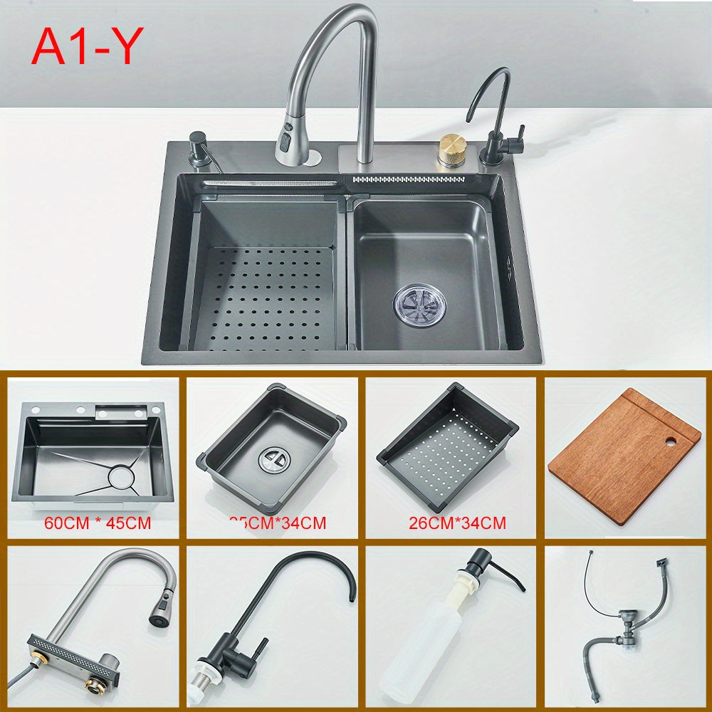 Stainless Steel Kitchen Waterfall Sink Digital Display Large Single Sink Dish Basin Sink With Multifunction Touch Waterfall