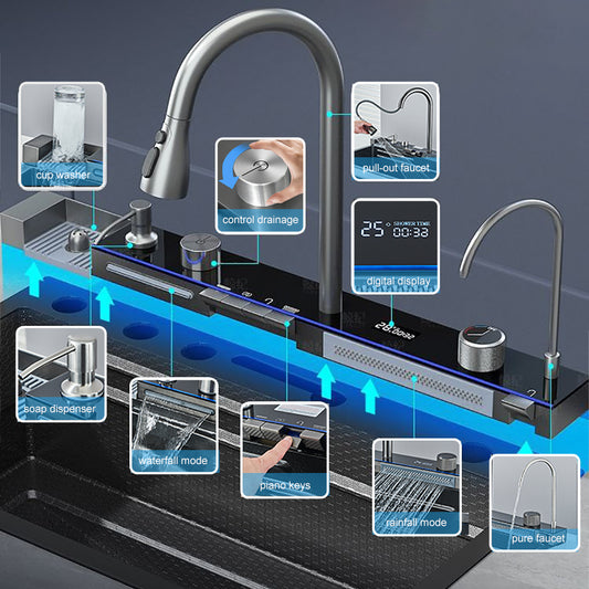 Stainless Steel Kitchen Waterfall Sink Digital Display Large Single Sink Dish Basin Sink With Multifunction Touch Waterfall