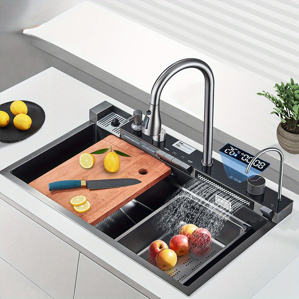 Stainless Steel Kitchen Waterfall Sink Digital Display Large Single Sink Dish Basin Sink With Multifunction Touch Waterfall