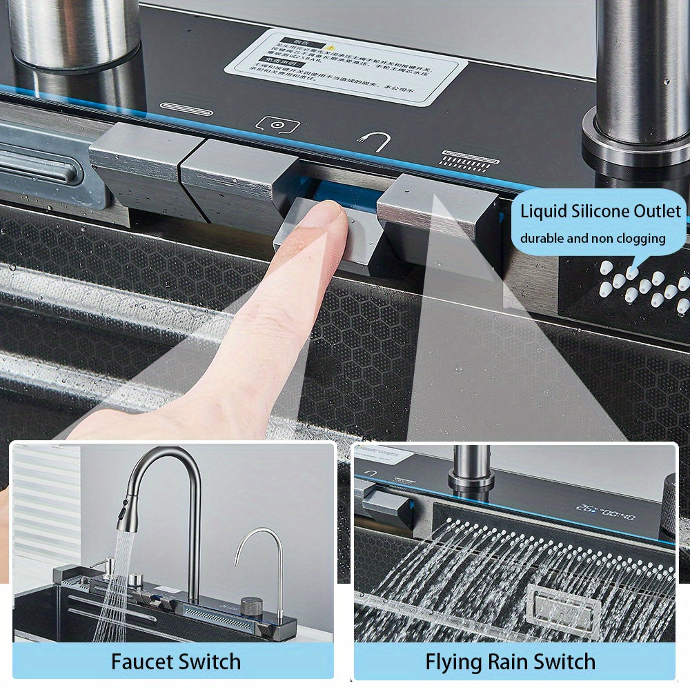 Stainless Steel Kitchen Waterfall Sink Digital Display Large Single Sink Dish Basin Sink With Multifunction Touch Waterfall