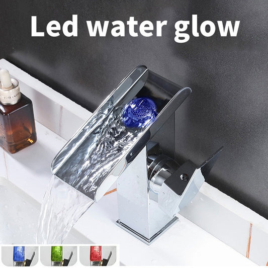 LED Waterfall Bathroom Faucet, Mixing Hot And Cold Water, Temperature Sensitive Color Change