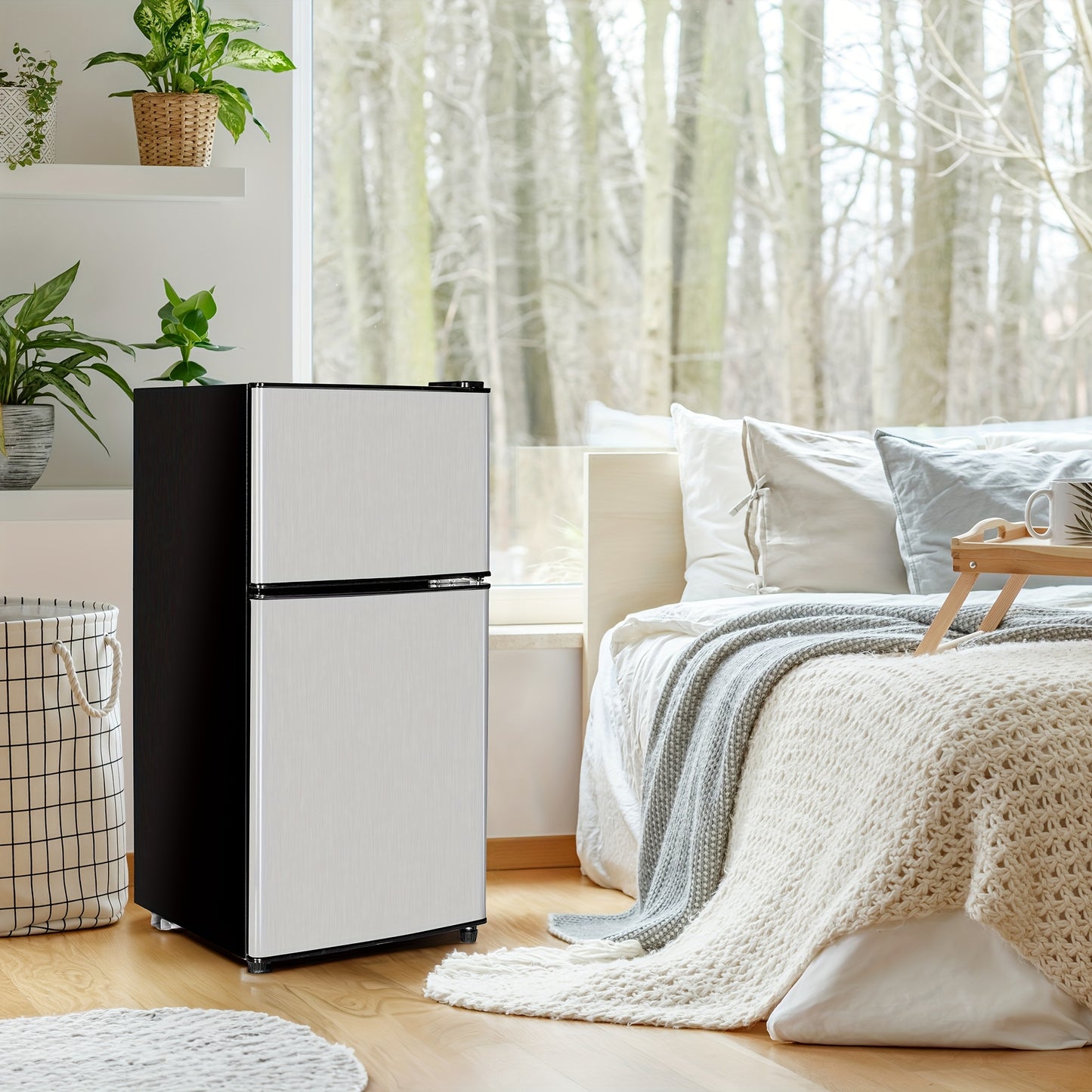 Compact 3.2 CU.FT Mini Fridge with Freezer - Sleek Black & Gray, 2-Door Design, Adjustable Shelves,