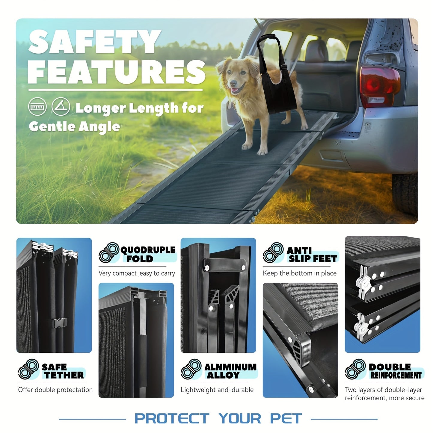 2pcs Dog Ramp For Car, Portable Pet Ramp With 1 Built-in Handle, Folding Dog Ramp For Large And Small Dog