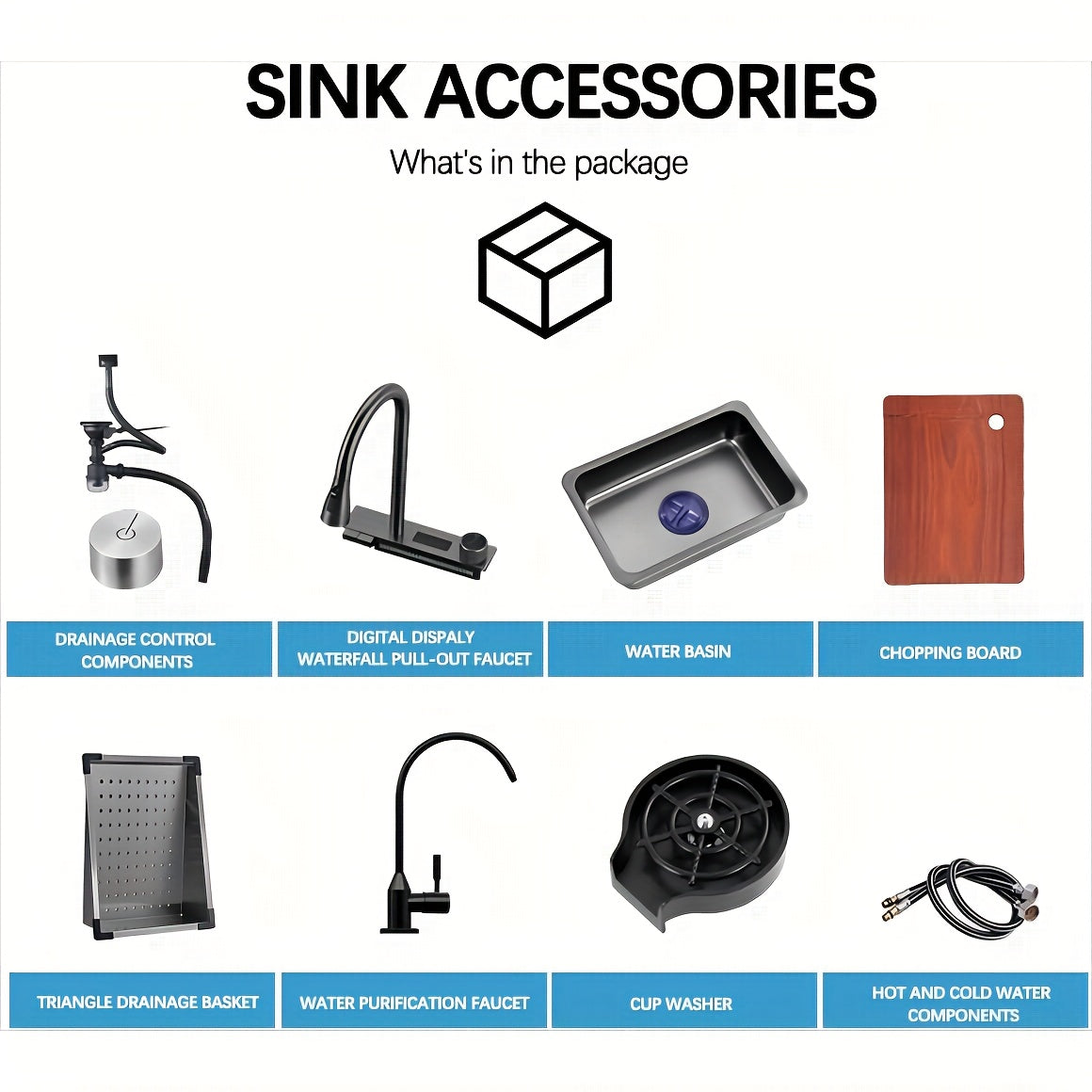 Black Nano Embedded Kitchen Sink, Waterfall Sink With Pull-down Nozzle Faucet, Single Slot Embedded Kitchen Sink Workstation With LED Temperature Display