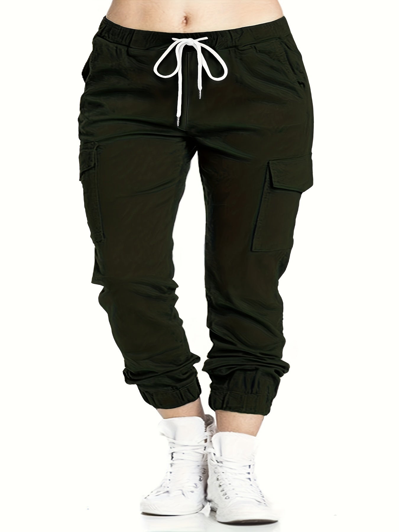 Plus Size Flap Pockets Fitted Bottom Cargo Pants, Drawstring Pants