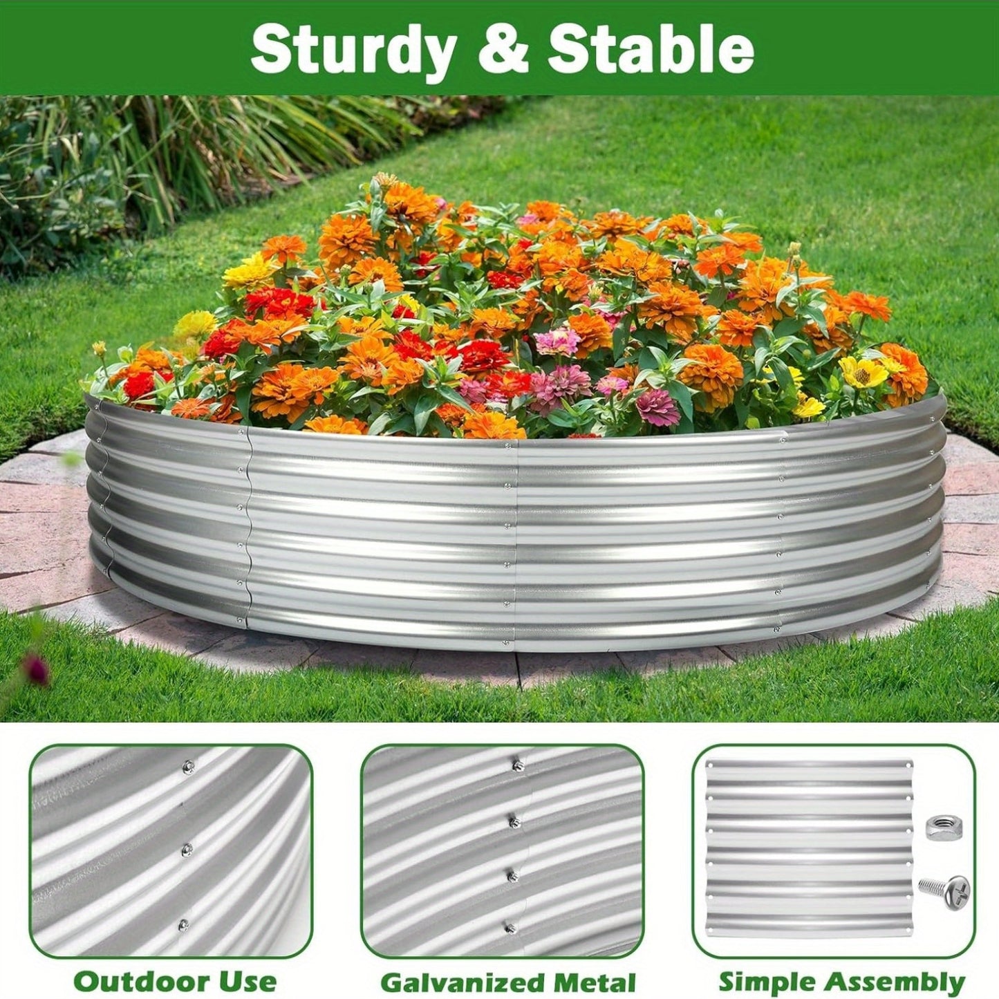 1pc Contemporary Round Galvanized Metal Raised Garden Bed, 4x4x1ft Or Outdoor Fire Pit Ring.