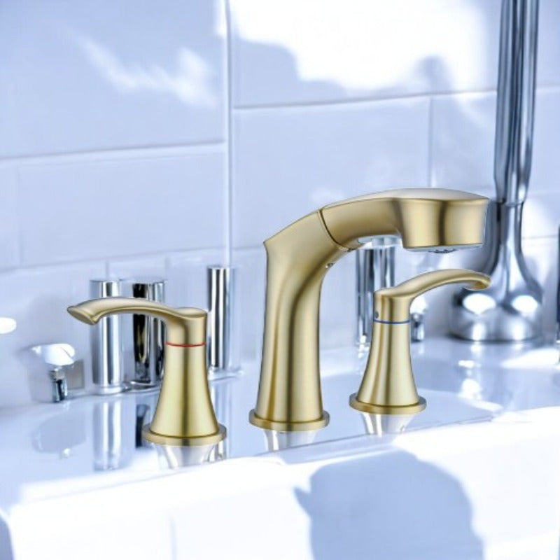 Elegant Golden Widespread Bathroom Sink Faucet with Pull-Out Sprayer
