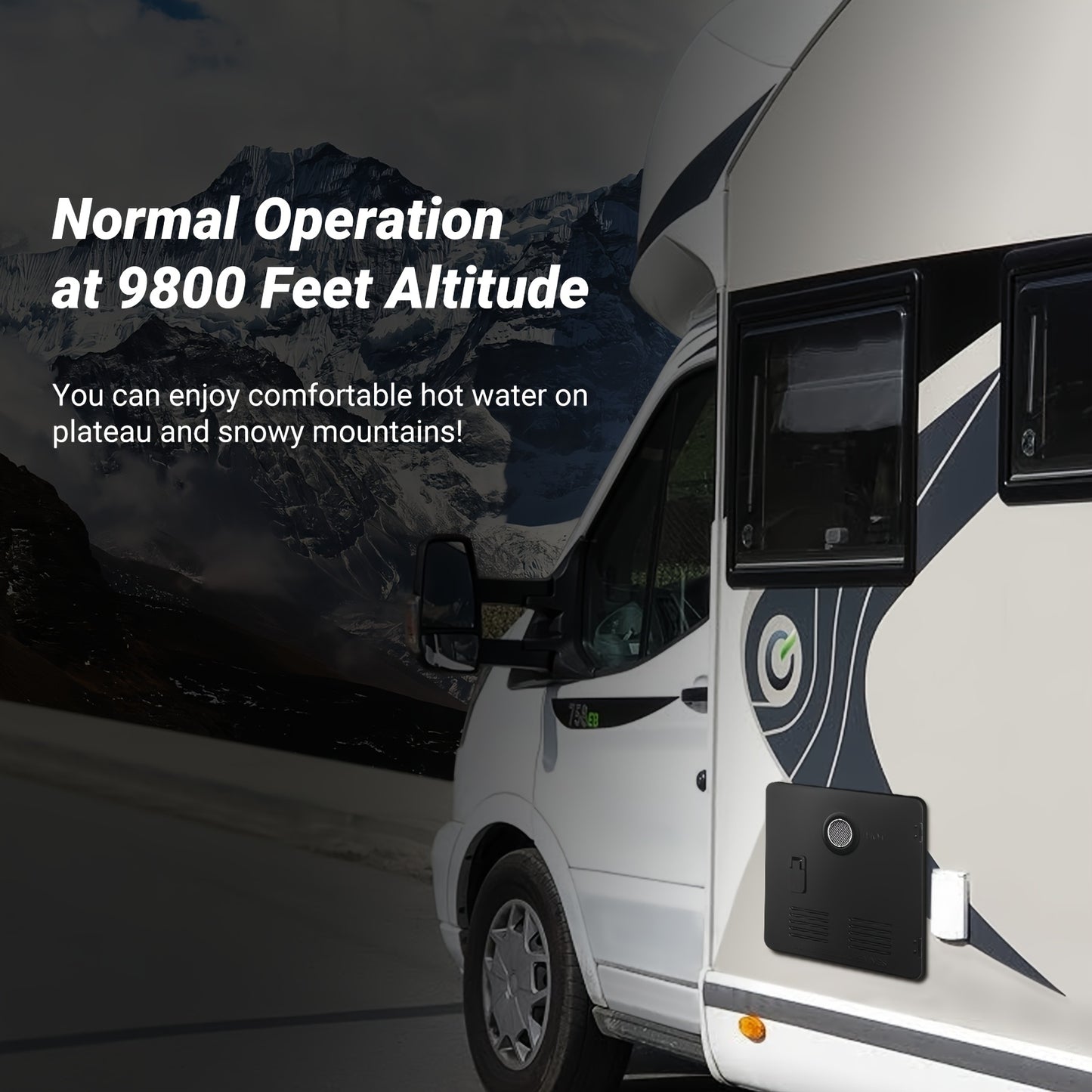 65,000BTU, 3.9 GPM, 12V, 9800ft Endless Hot Water, Black Door & Remote Control, LCD Display