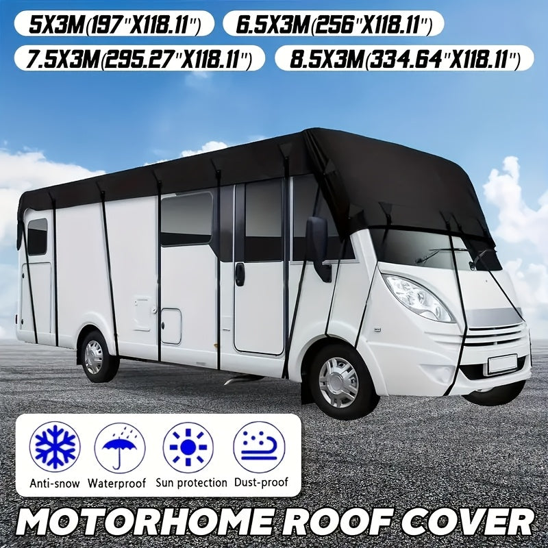 All-Weather RV Cover for Campers, Travel Trailers & Buses - Waterproof, Snow, Frost, Leaf, Rain & Dust Protection with Sun Shield, Lightweight Storage Bag, Adjustable Elastic Band + Hooks for Easy Installation