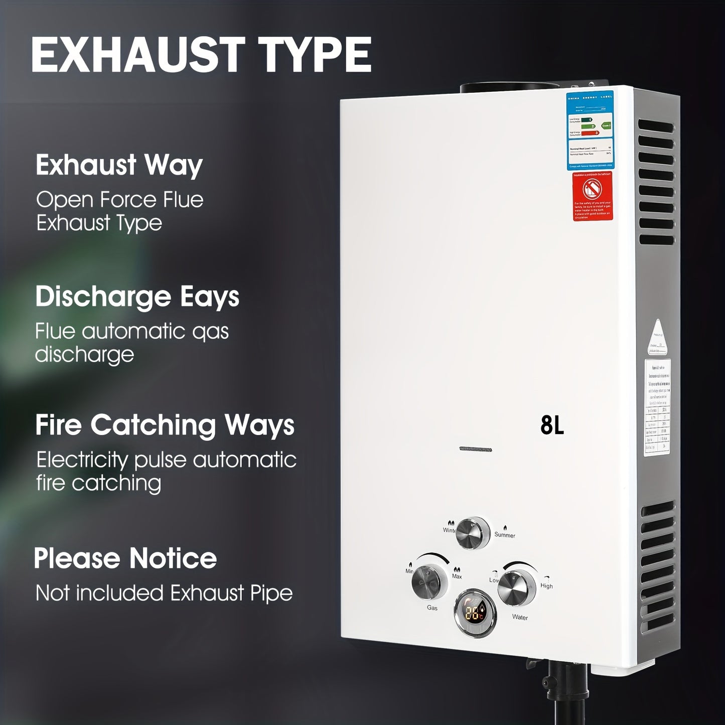 8L Tankless Propane Water Heater with Digital Display - Wall-Mounted