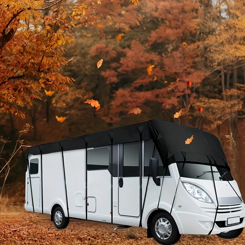 All-Weather RV Cover for Campers, Travel Trailers & Buses - Waterproof, Snow, Frost, Leaf, Rain & Dust Protection with Sun Shield, Lightweight Storage Bag, Adjustable Elastic Band + Hooks for Easy Installation