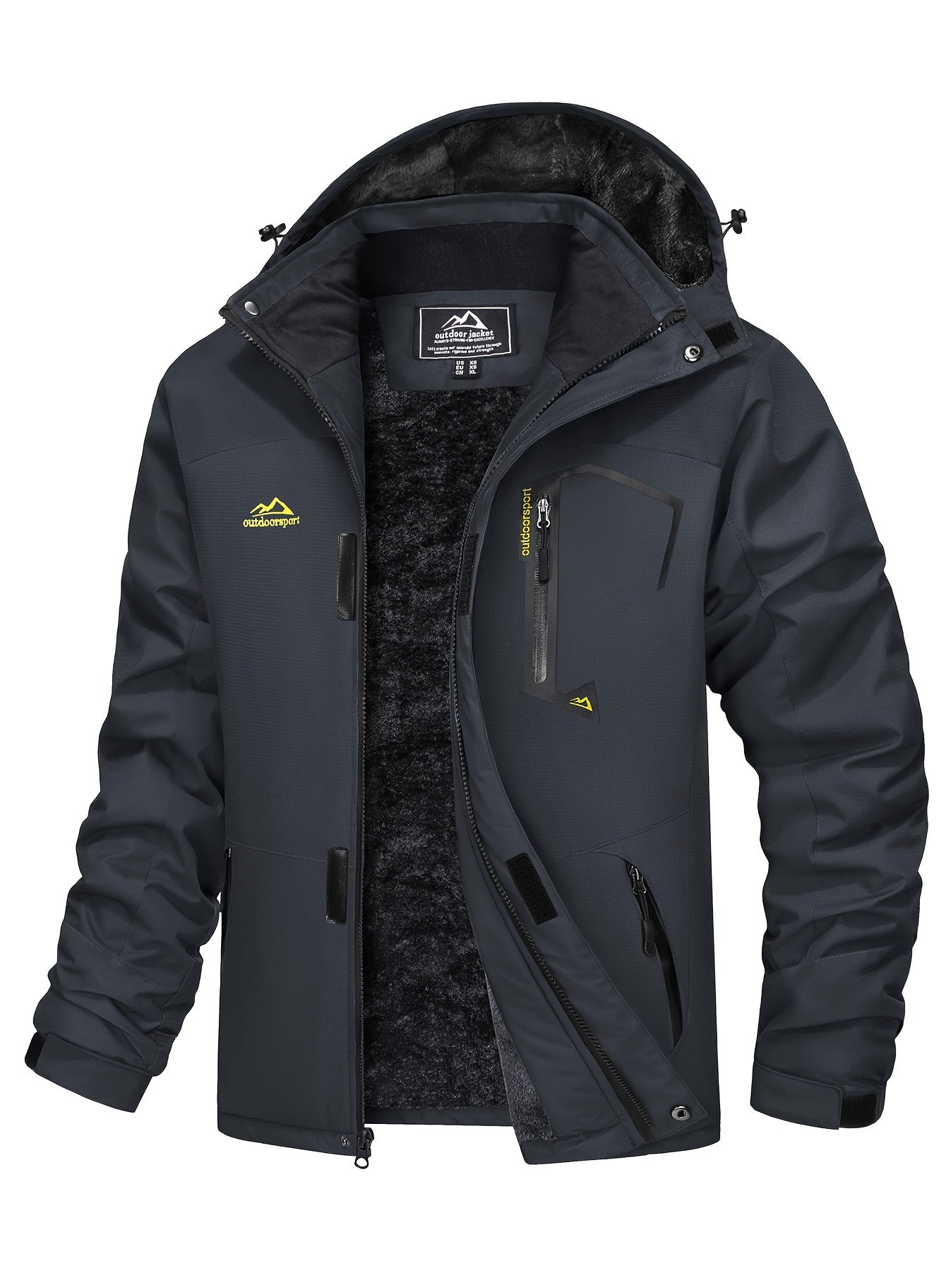 Men Winter Ski Snow Jacket - Multiple Zipper Pockets, Large Storage, Removable Hood, Adjustable Cuffs