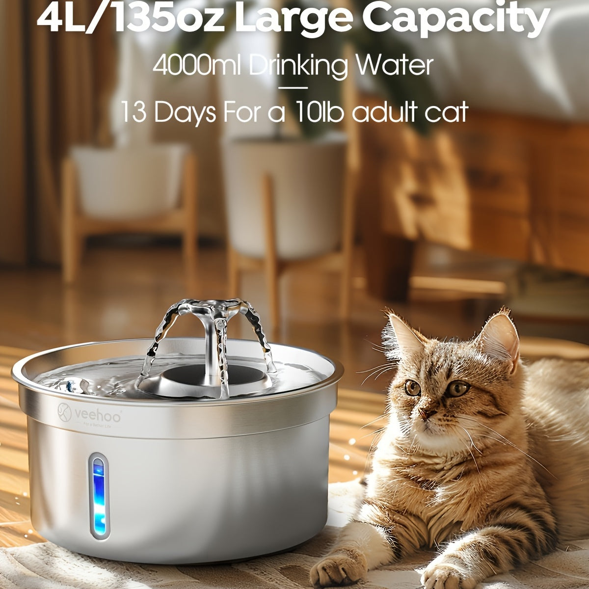 Cat Water Fountain Stainless Steel 304-1.1Gal/4L Cat Fountain For Drinking With 6 Replacement Filters