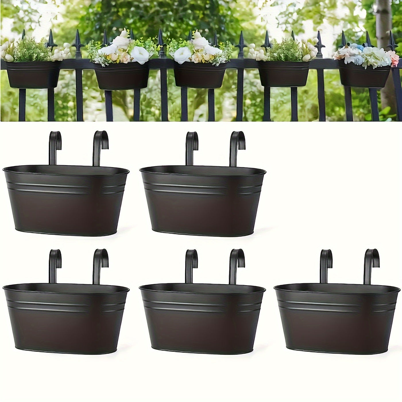 3/5 Pcs Large Iron Hanging Flower Pots - Caddies With Drainage Holes And Hooks For Outdoor Plants