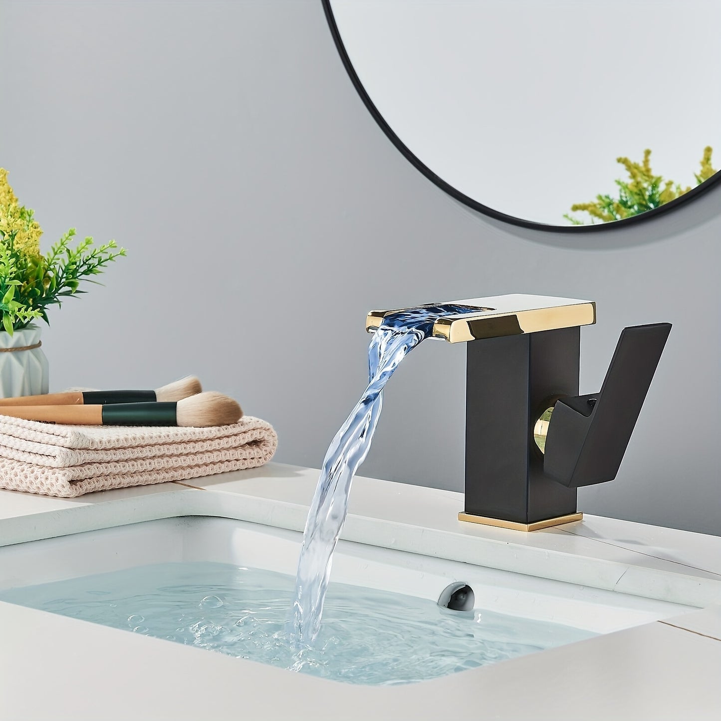 Black Golden LED Bathroom Sink Faucet Waterfall Single Handle Vanity Faucet