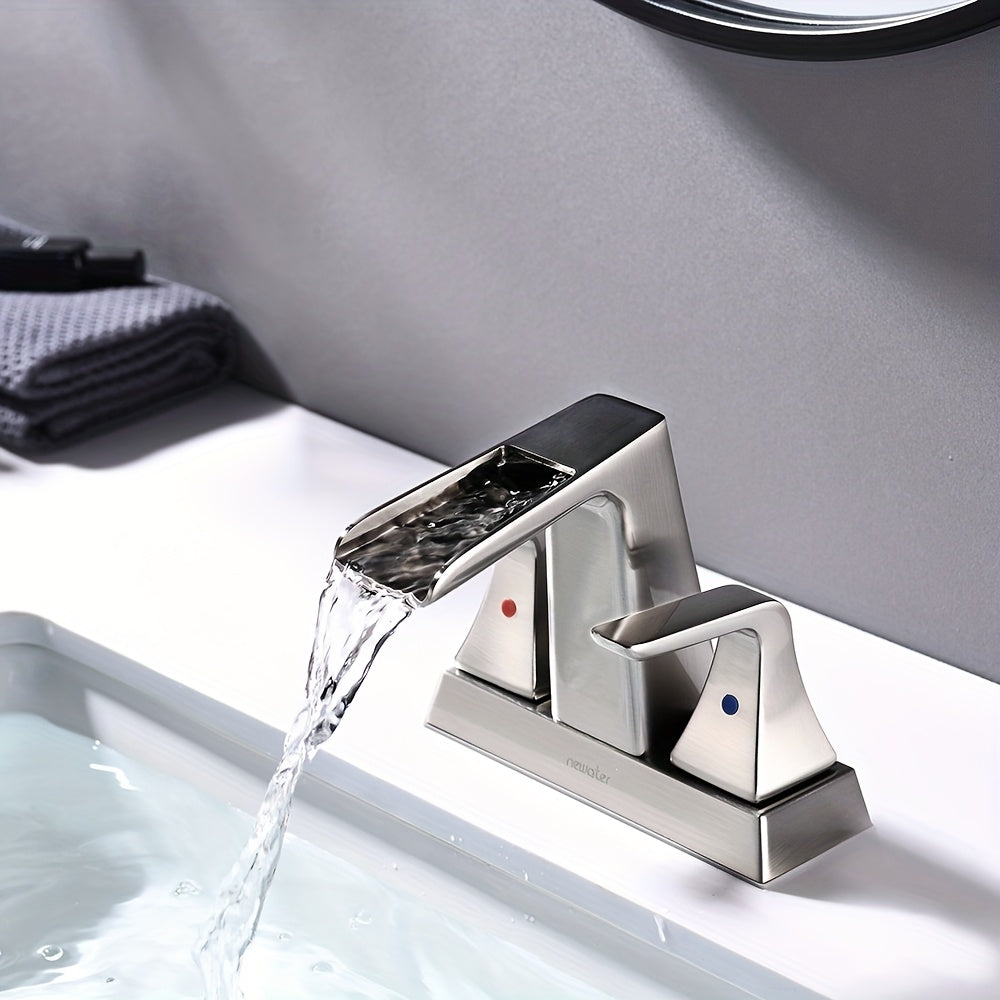 Modern Waterfall Center set Bathroom Sink Faucet - 2-Handle, Brushed Black with Golden Accents