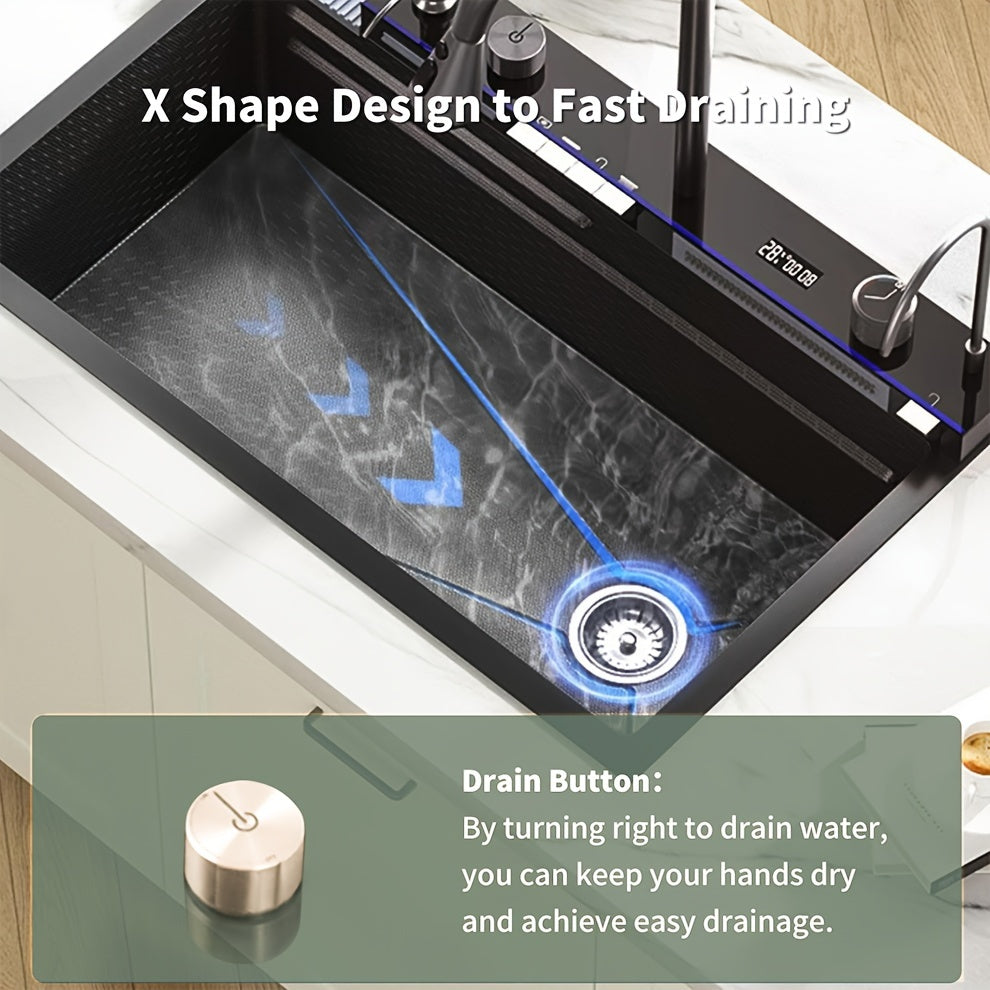 Multi-function Digital Display Waterfall Kitchen Sink, Black Stainless Steel Sink With Two Waterfalls And A Cup Washer