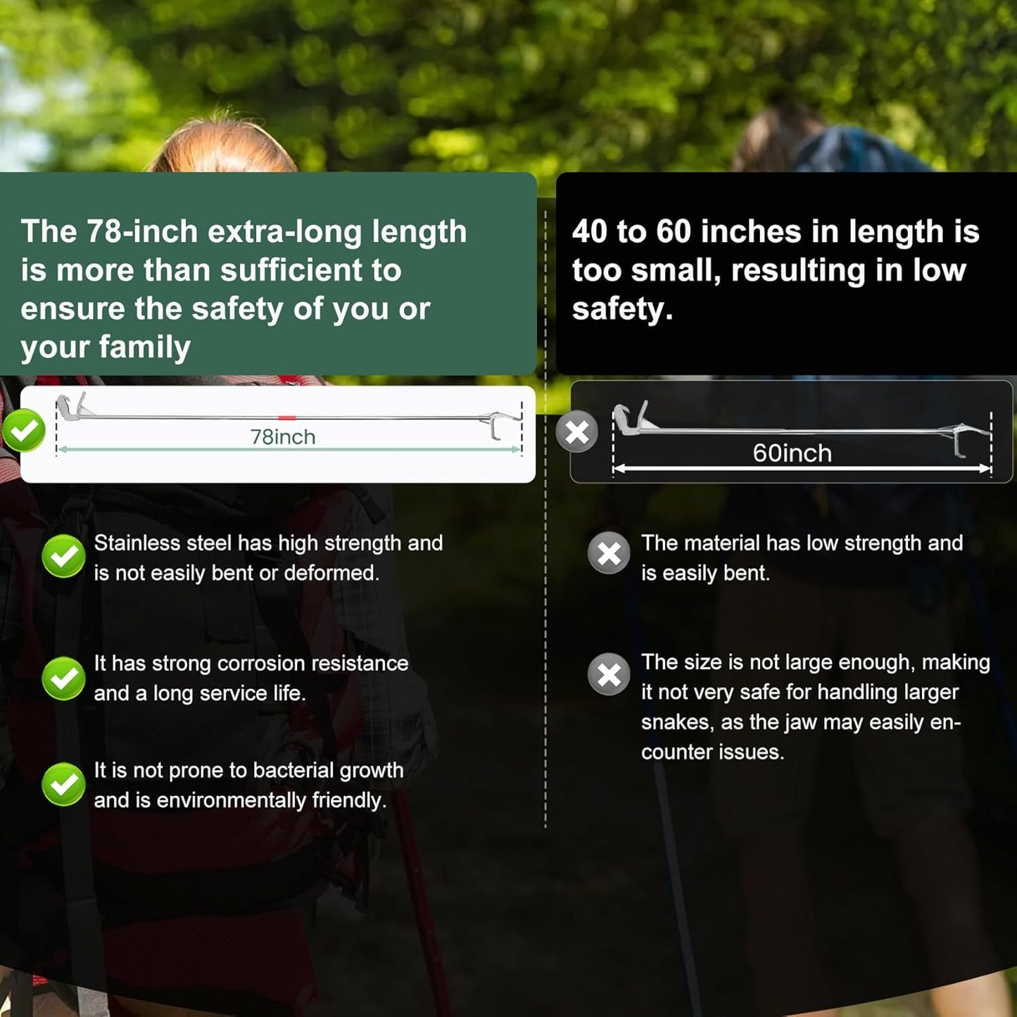 78 Inch Folding Snake Grabber Tool, Extra Long Snake Tongs for Extra Safety, Made of Stainless Steel, High Load Capacity