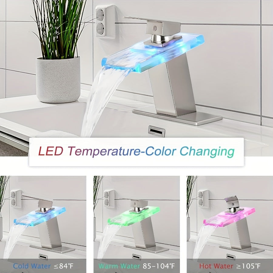 LED Bathroom Sink Faucet, Installation with 2 Water Supply Lines, Open Glass Nozzle