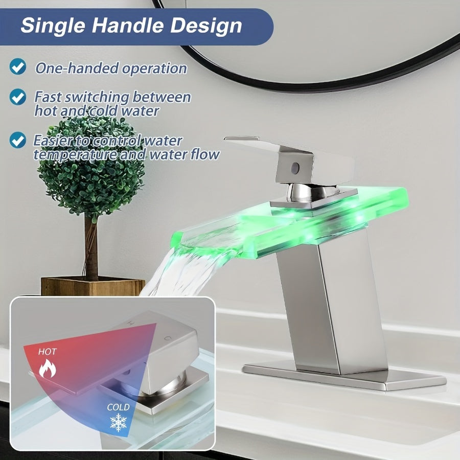 LED Bathroom Sink Faucet, Installation with 2 Water Supply Lines, Open Glass Nozzle