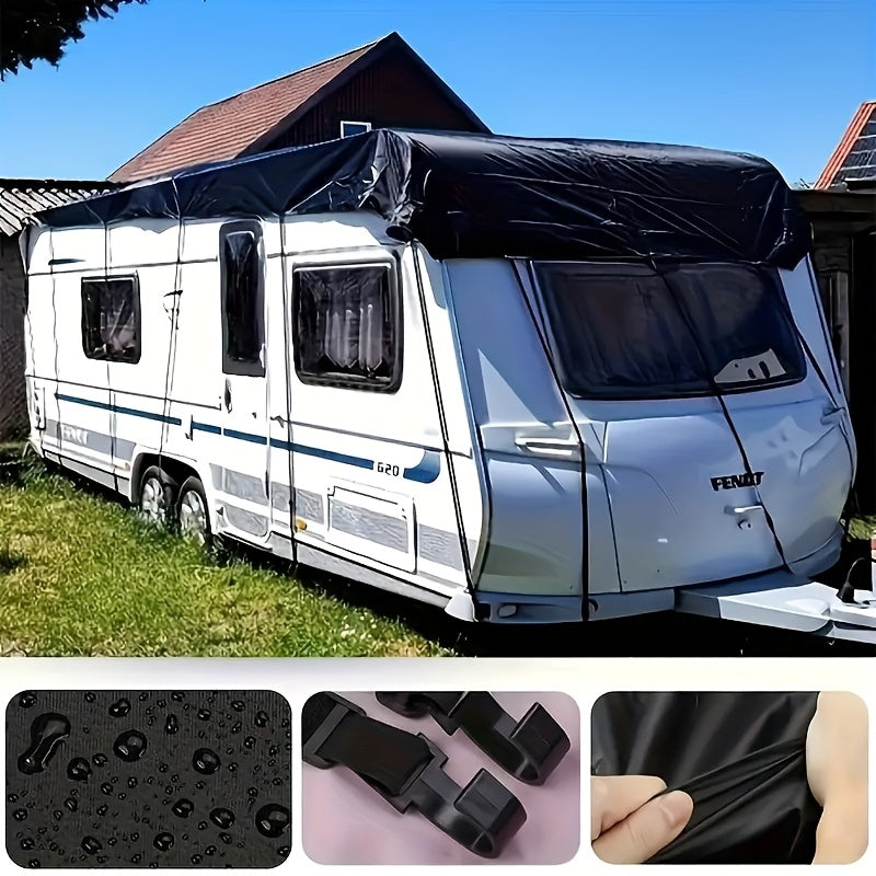 All-Weather RV Cover for Campers, Travel Trailers & Buses - Waterproof, Snow, Frost, Leaf, Rain & Dust Protection with Sun Shield, Lightweight Storage Bag, Adjustable Elastic Band + Hooks for Easy Installation