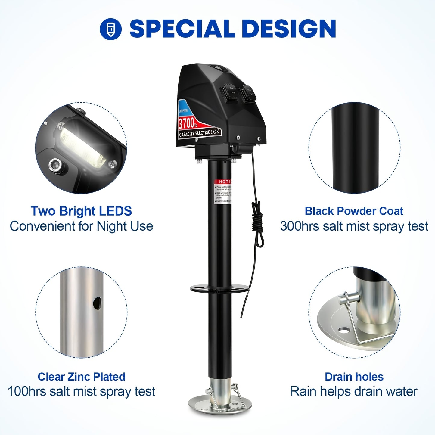 RV Electric Trailer Jack 5000lbs/3700lbs, Tongue Jack with Waterproof Cover & LED Work Light, Easy Install, 22" Lift, 12V DC