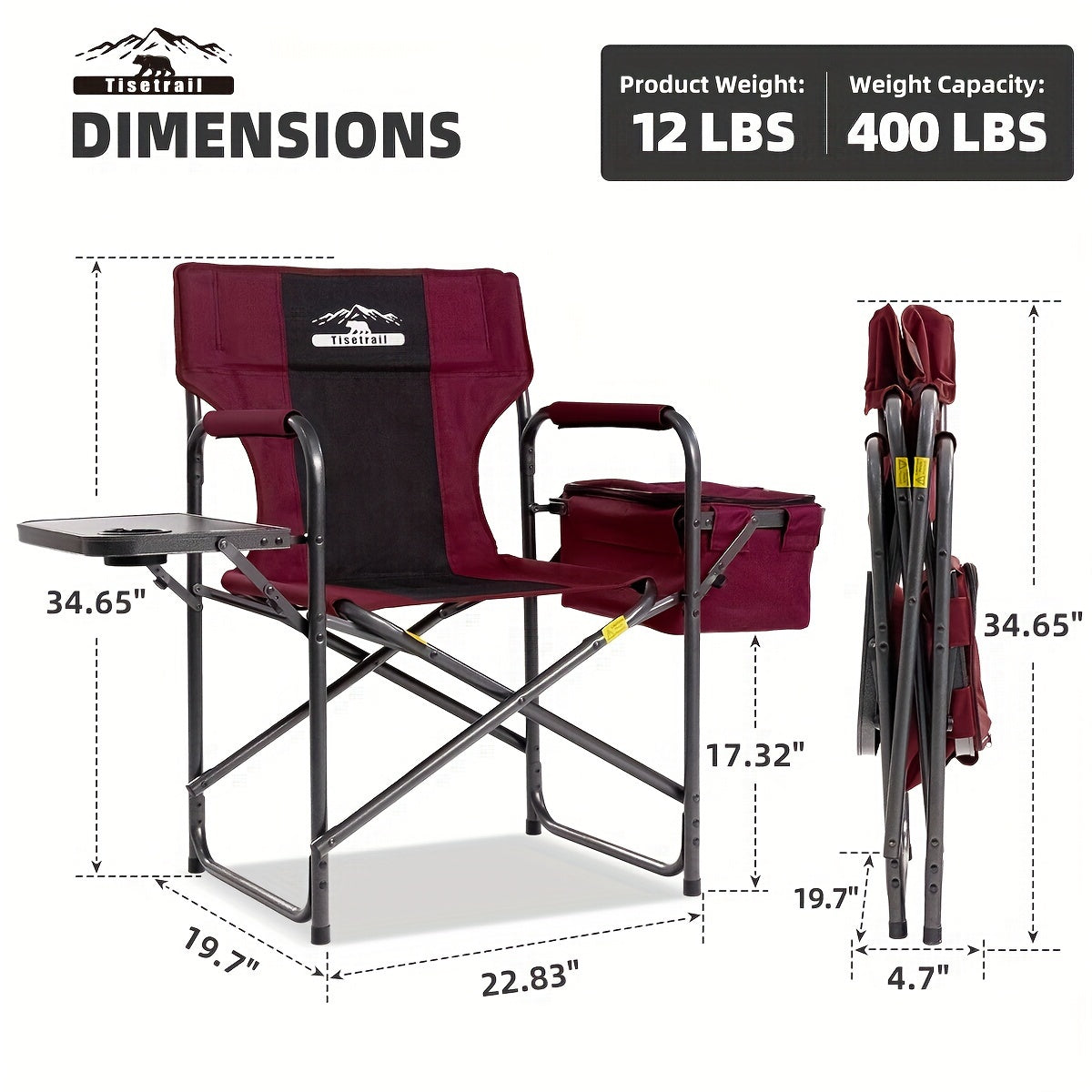 Tisetrail Director Camping Chair with Cooler Bag Camping Directors Chair with Foldable Side Tray, Supports 400lbs