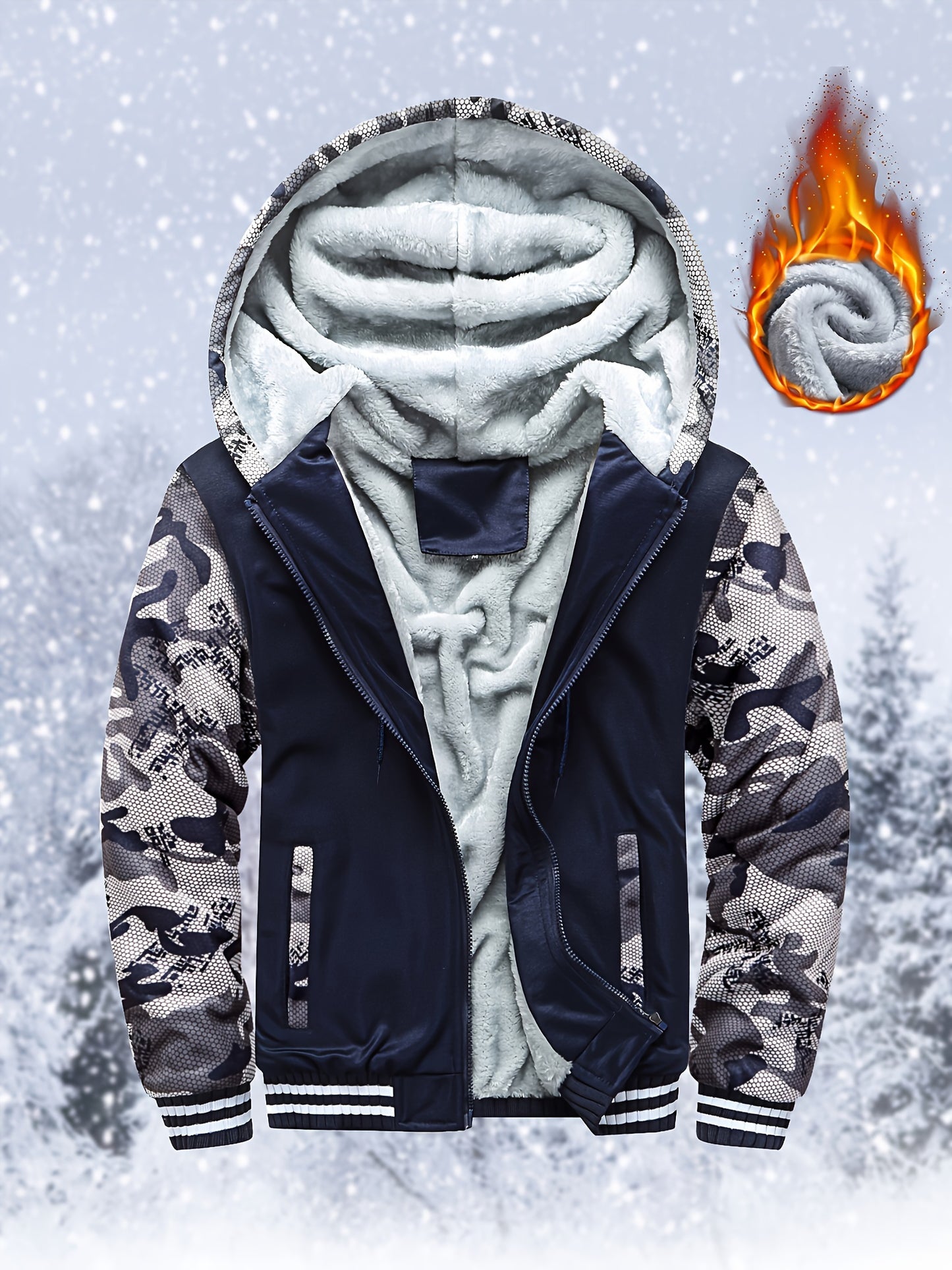 Thick Warm Camo Fleece-Lined Hoodie - Women's Zip-Up Activewear Jacket with Pockets