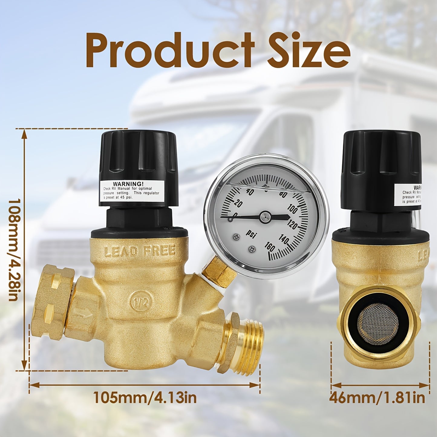 RV Water Pressure Regulator Professional Pressure Reducing Valve with Adjustable Handle and Gauge Lead-Free