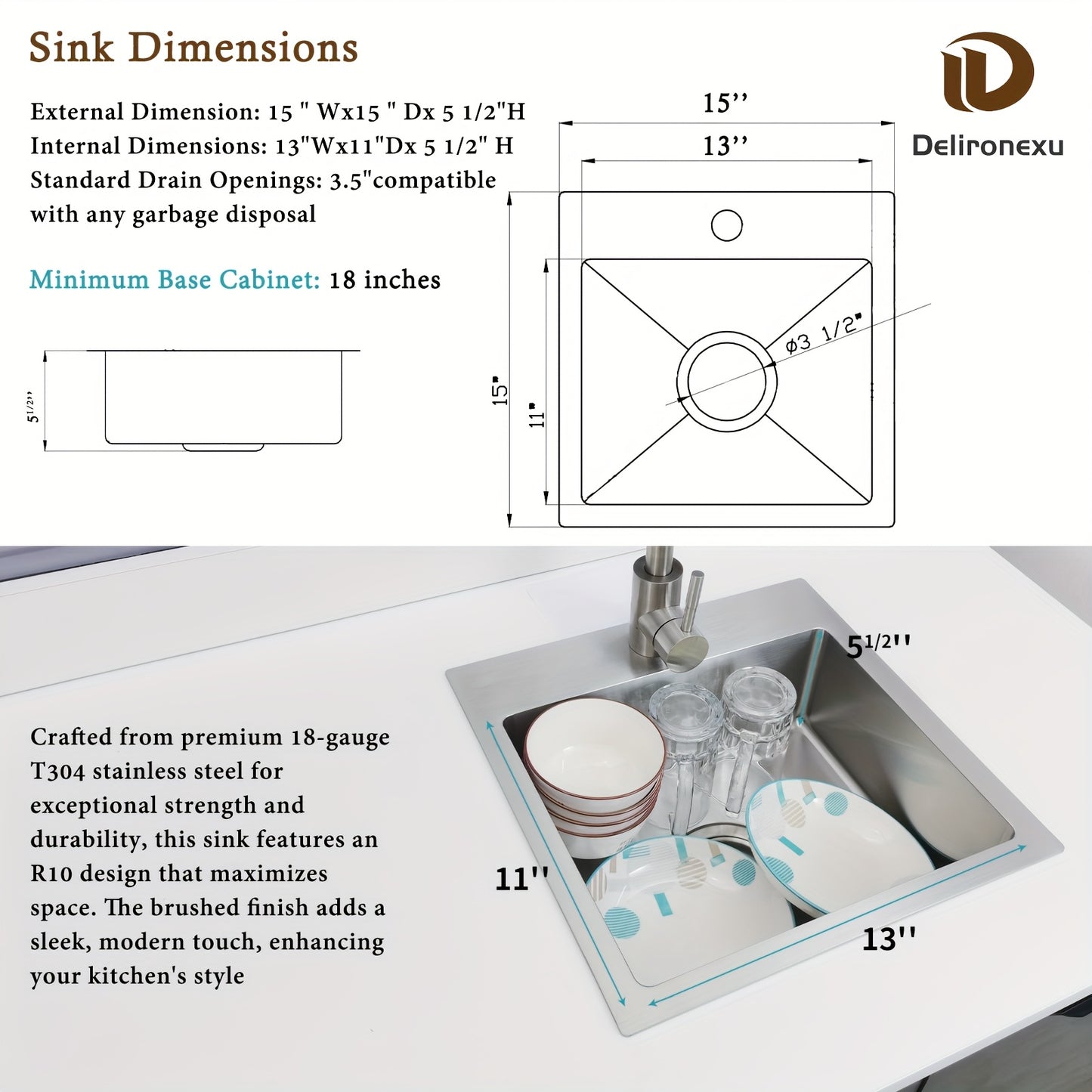 15" Modern Stainless Steel Bar Sink, 18 Gauge Single Bowl Square Kitchen Sink with Brushed Finish